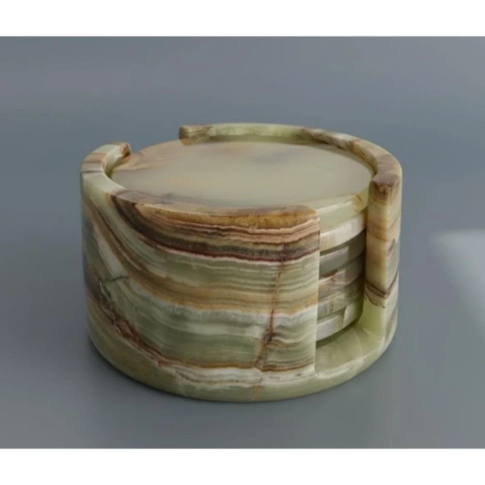 Green Onyx Coasters Set of 6 with Holder | Heavy Natural Stone Drink Coasters